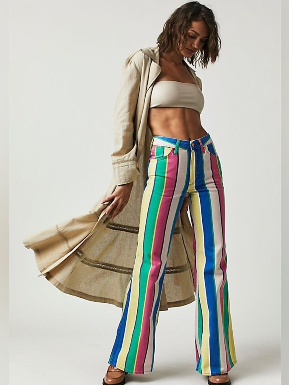 Wrangler Stripe Wanderer Rainbow High Rise Flare Jeans Free People 70s Boho